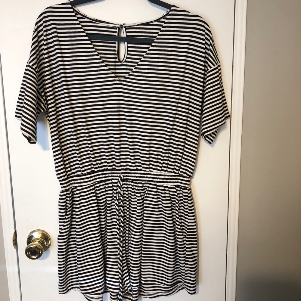 2 rompers, with pockets, black and white striped + black